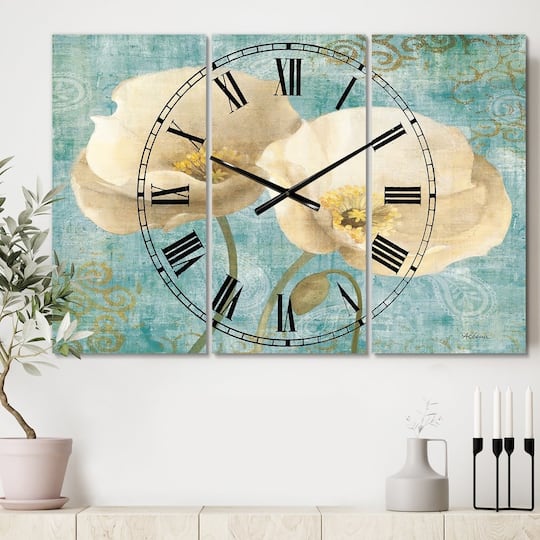 Designart Bouquet Poppies On Paisley II 3 Farmhouse Panel Wall Clock